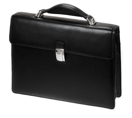 black leather briefcase isolated on whiteの写真素材