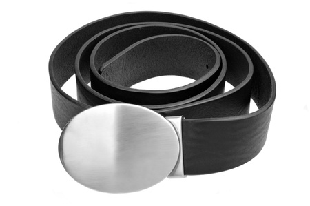 Black leather with iron buckle isolated on whiteの写真素材