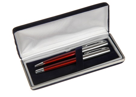 two pens in black velvet box isolated on whiteの写真素材