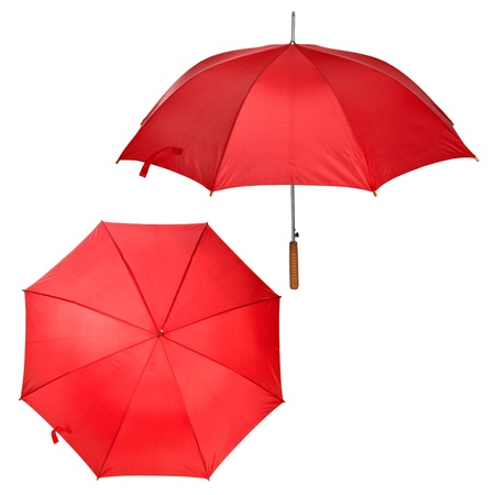 two views of large red umbrella isolated on whiteの写真素材