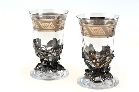 two vintage wine glasses isolated on whiteの写真素材