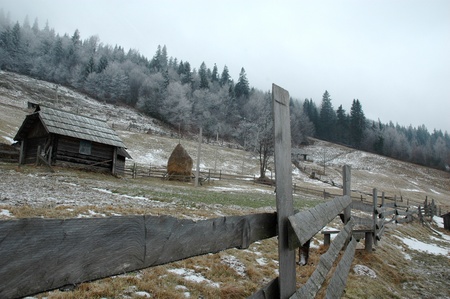Rural mountains view on cloudy winter dayの写真素材