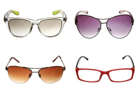 set of different sunglasses isolated on whiteの写真素材
