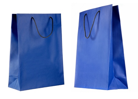 two views of blue paper bag isolated on whiteの写真素材