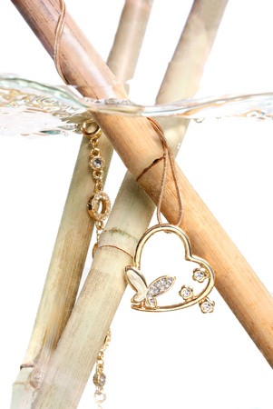 beautiful neclace on bamboo sticks under waterの写真素材