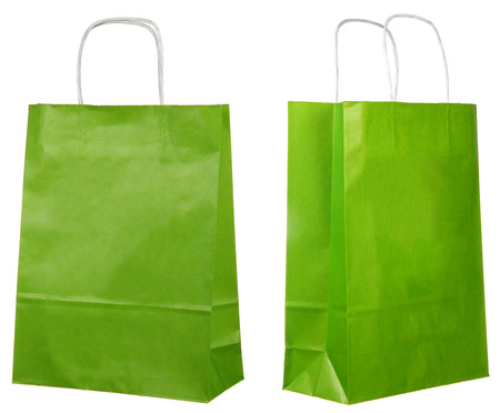two views of a green paper bags isolated on white の写真素材