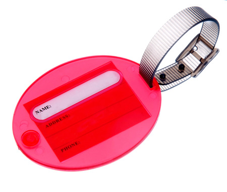 Badge close-up isolated on whiteの写真素材