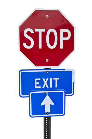 Stop, Exit and Arrow road signs on the pole isolated on whiteの写真素材