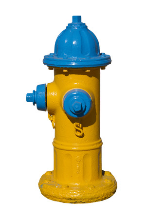 yellow and blue fire hydrant isolated on whiteの写真素材