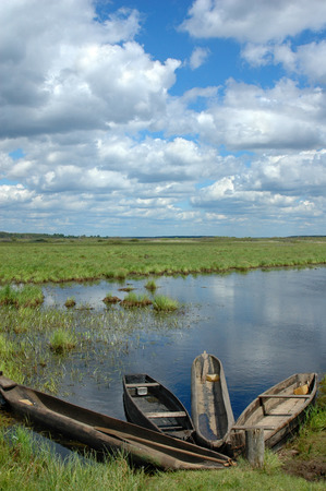 Fishing boats on the edge of water-meadowの写真素材