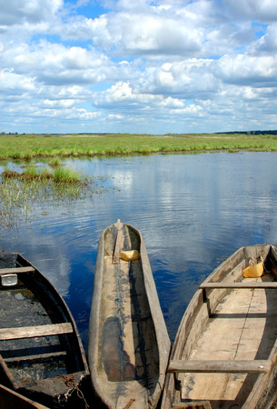 wooden fishing boats on the edge of water-meadowの写真素材