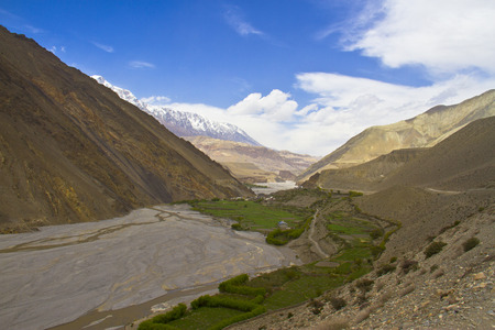Valley surrounded snowy Himalayan peaksの写真素材