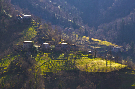view of village on mountains in Georgiaの写真素材
