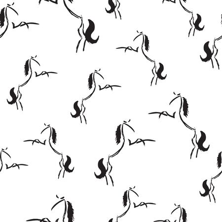 Seamless pattern with rearing stylized freehand horses. Vector illustration. Black and white wallpaper. Artistic grunge ink animalのイラスト素材