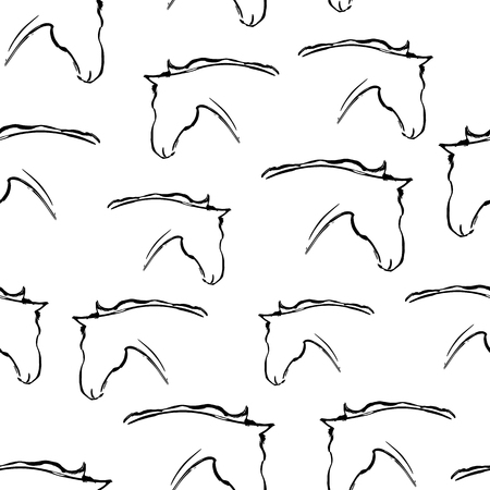 Seamless pattern with heads of horses. Vector illustration. Black and white wallpaper. Artistic grunge ink animal sketchのイラスト素材