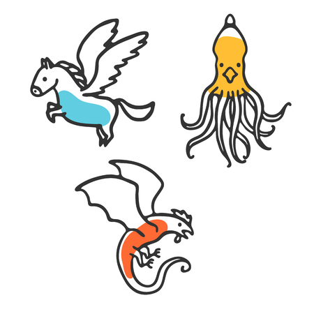 Set of cute little cartoon mythical beasts. Doodle pegasus, kraken and basilisk. Vector illustration isolated on whiteのイラスト素材