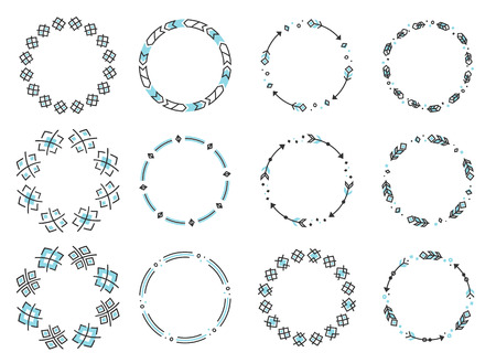 Set of ethnic style round ornaments. Vector frames with geometric shapes, feathers and arrows. Blue and greyのイラスト素材