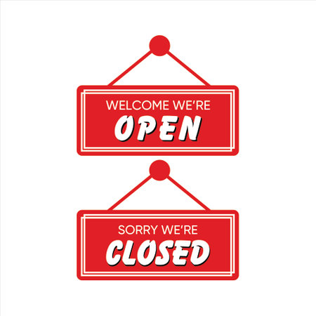 Realistic Red sign Sorry we are closed and Welcome we are open with shadowのイラスト素材