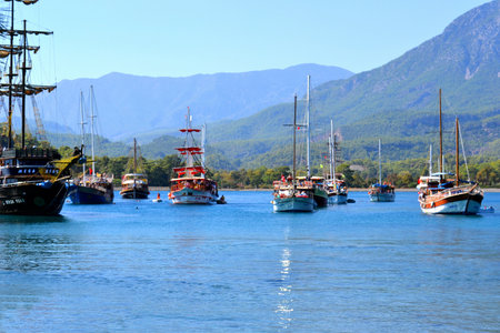 Boat on a mooring in the bay, the Mediterranean Seaの写真素材