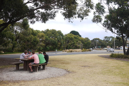 family picnic beside highwayのeditorial素材