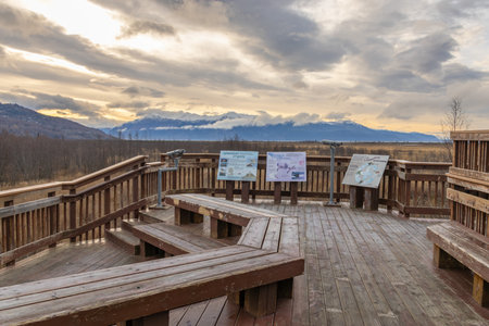 Nature Conservation Point for Bird Observation in Anchorage, Alaska. Birdwatching platform with educational boards and telescopes. A wildlife observation deck in Anchorage.の写真素材