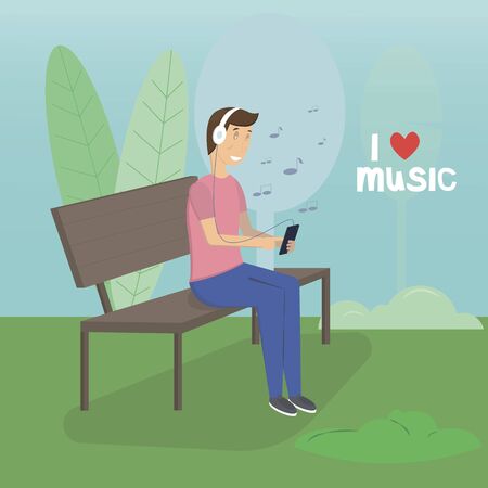 A man listens to music in the park. vectorのイラスト素材