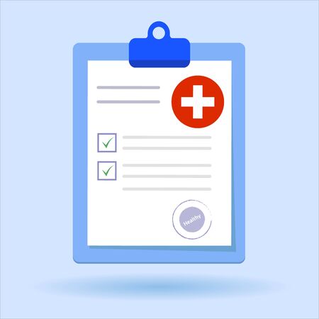 Medical form list with results data and approved check mark vector illustration, flat cartoon clinical checklist document with checkboxのイラスト素材