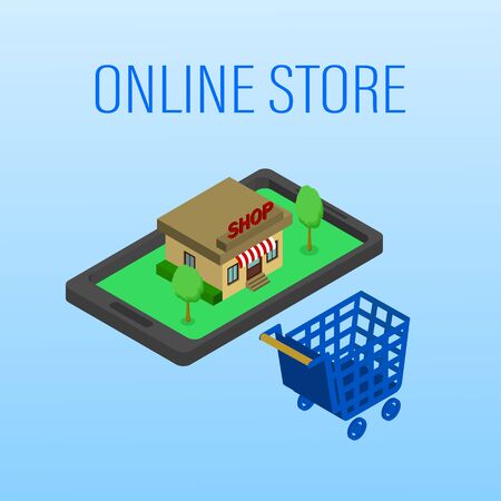 Vector illustration. Mobile phone with shopping basket with bags and boxes. Banking credit card. Concept for online shopping. Isometricのイラスト素材