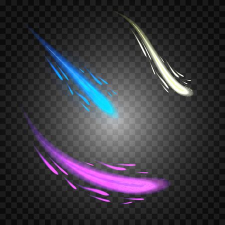 Color vector meteor and comet on transparent plaid background. Fall star in space, fantasy science in cosmos, asteroid color in galaxyのイラスト素材
