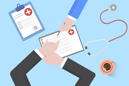 Medical Workplace. Doctor working at the table in clinic. Flat Design, Vector Illustrationのイラスト素材