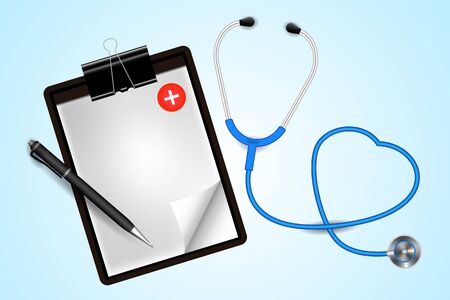 Health checkup concept, Doctor's desktop workspace with stethoscope and equipment. vectorのイラスト素材