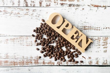 Coffee bean and letter OPEN for decorate.