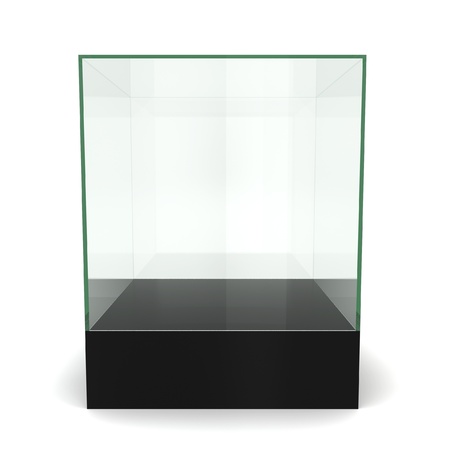 Glass cube on pedestal. 3d illustration on white background の写真素材