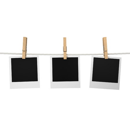 Photos hanging on a rope. 3d illustration isolated on white backgroundの写真素材