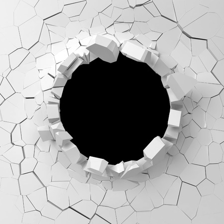 Wall destruction. 3d illustration isolated on white backgroundの写真素材