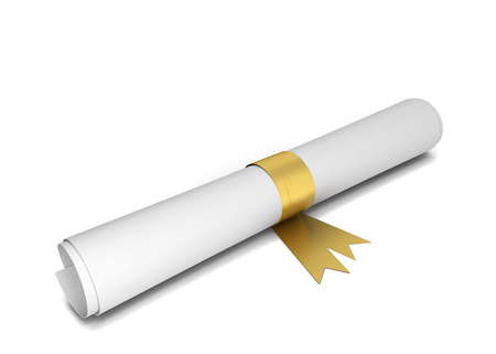 Paper diploma. 3d illustration isolated on white backgroundの写真素材