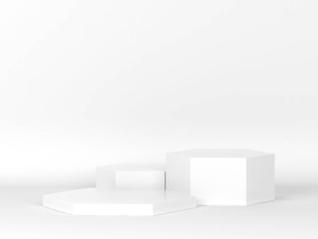 Three hexagonal podiums. Minimal scene. 3d illustrationの写真素材