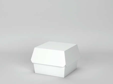 Blank burger packaging box mockup. 3d illustration on gray backgroundの写真素材