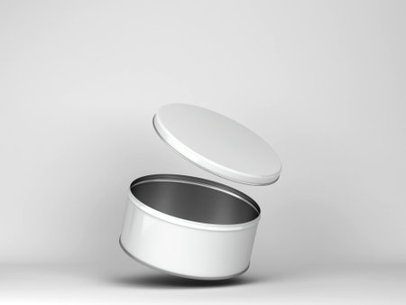 Blank tin can metal container for food or cosmetic. 3d illustration on gray backgroundの写真素材