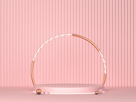 Abstract podium stage with light arch as a showcase for product design. Minimal scene. 3d illustrationの写真素材