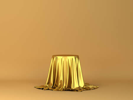 Cylinder covered with piece of cloth. Minimal scene. 3d illustration. Showcase for your productsの写真素材