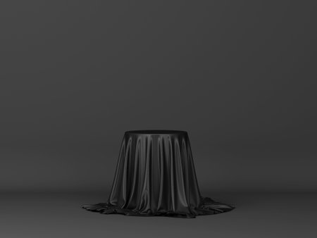 Cylinder covered with piece of cloth. Minimal scene. 3d illustration. Showcase for your productsの写真素材