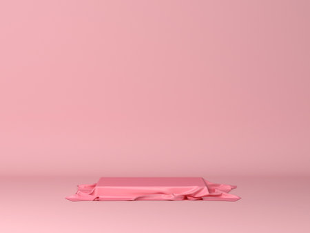Cube covered with piece of cloth. Minimal scene. 3d illustration. Showcase for your productsの写真素材
