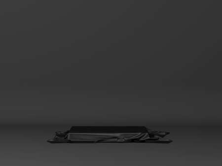 Cube covered with piece of cloth. Minimal scene. 3d illustration. Showcase for your productsの写真素材