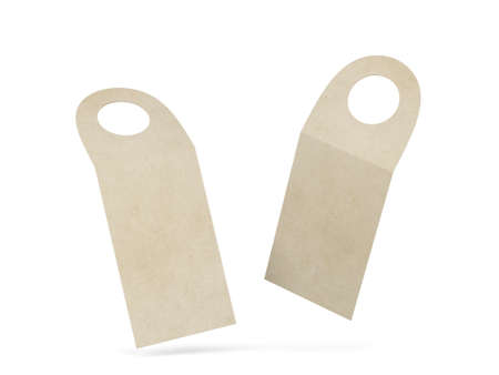 Blank bottle neck hanger mockup. 3d illustration isolated on white backgroundの写真素材