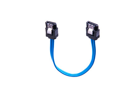 serial ata blue sata cable isolated on white background. copy space. hardware and transfer data...