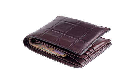 male leather purse with money. used mens wallet isolated on white background
