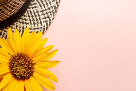 summer template mockup with hat and sunflower on a pink background. copy spaceの写真素材