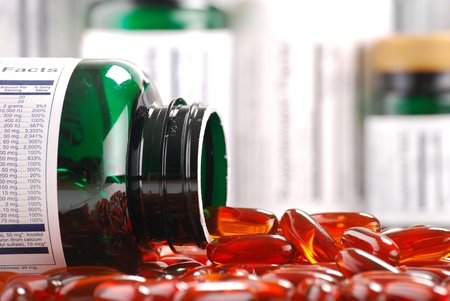 Composition with containers of dietary supplements and capsules の写真素材