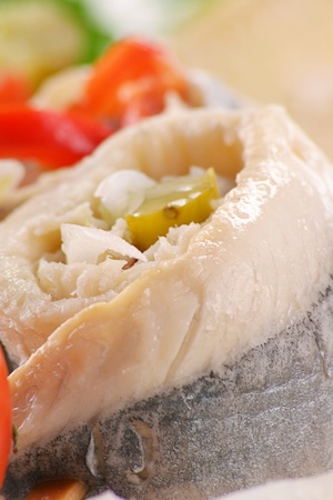 Pickled herring rollmops with vegetablesの写真素材